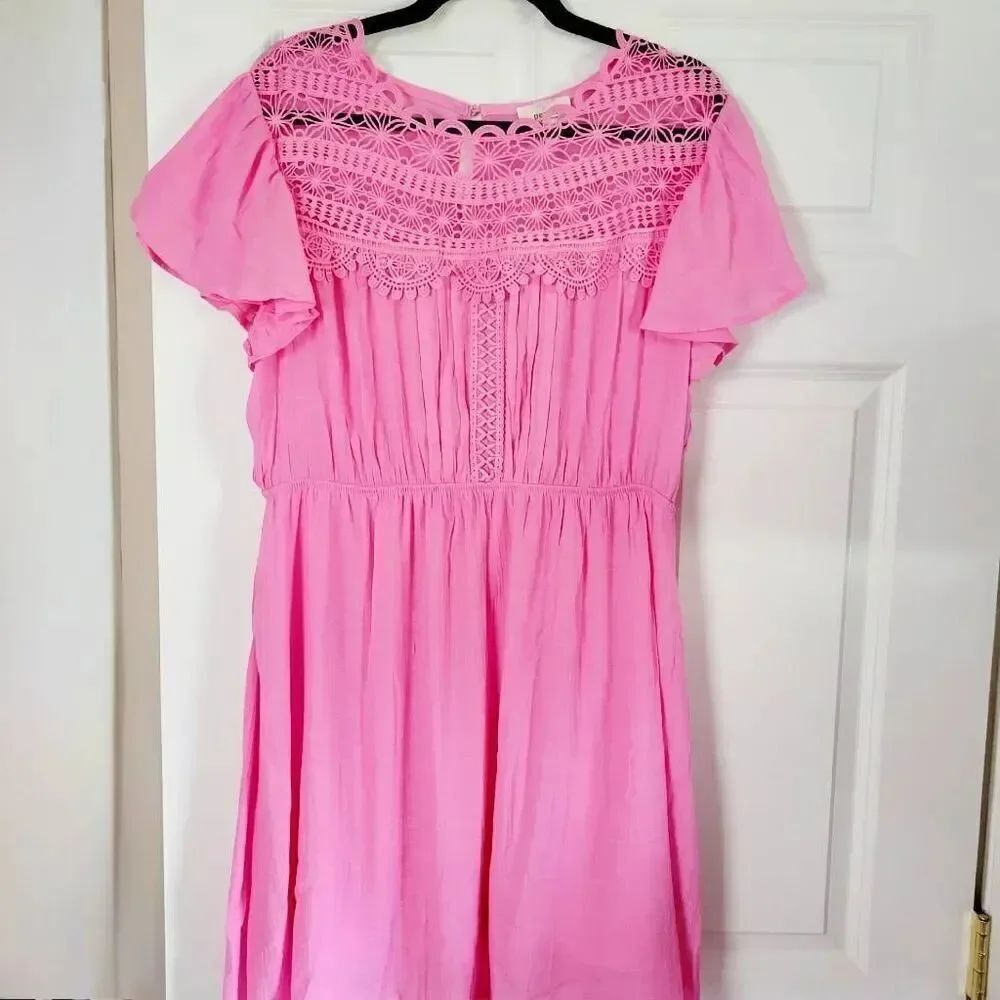 Women's Plus Size Lace Short Sleeve Mini Dress, Pink